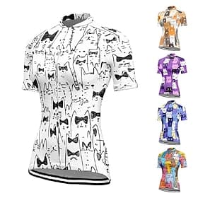 Women's Cycling Jersey Cat Short Sleeve Bike Tee Tshirt Jersey with 3 Rear Pockets Mountain Bike MTB Quick Dry Anatomic Design Wicking Breathable Sports Violet