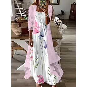 Women's Maxi Dress 2 Pieces Dress Set Sundress Summer Dress Slip Dress Vacation Formal Boho Vacation Loose Fit Floral Graphic 3/4 Length Sleeve Strap V Neck Pi