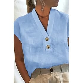 Women's Cotton Blend Blouse Buttons Plain Basic Modern Casual Short Sleeve V Neck Regular Tops Holiday Going out White Pink Green Light Blue Summer