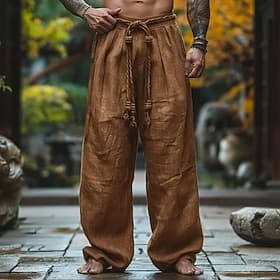Herren Leinenhosen Hose Sommerhose Baggy-Hosen Kordelzug Elastischer Bund Gerader Schnitt Einfach Komfort Atmungsaktiv Volle Länge Outdoor Yoga Fitnessstudio D