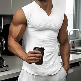 Men's Waffle Tank Top Tank Top Vest Undershirt Sleeveless V Neck Summer Plain Fashion Classic Comfortable Street Casual Sports White Yellow Light Blue Top Tee