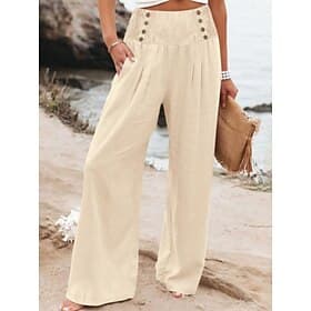 Women's Linen-feel Pants Trousers Summer Pants Baggy Pants Vacation Basic Casual Full Length High Waist Plain Wide Leg Elastic Waistband Soft Breathable Micro-