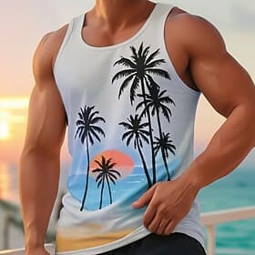 Men's Tank Top Vest Top Undershirt Sleeveless Shirt Sleeveless Crew Neck Summer Coconut Tree Sports Fashion Comfortable Print Casual Beach Gym Pink Top Tee for