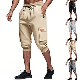 Men's Capri Cargo Shorts Sweat Shorts Shorts Running Shorts Casual Shorts Drawstring Elastic Waist Multi Pocket Plain Comfort Breathable Calf-Length Daily Runn