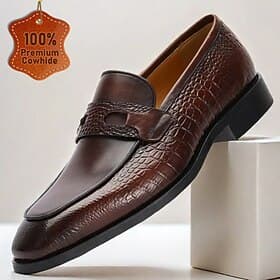 Men's Brown Genuine Leather Penny Loafers – Classic Crocodile Pattern Slip-On Dress Shoes for Kentucky Derby  Business Wear