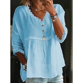 Femmes Coton mélangé Boutonner Haut d'épissage en dentelle Couleur Unie Mignon Quotidien Occasionnel Manche 3/4 Col en V Hauts Réguliers Blanche Rose Claire Bl