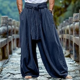 Homme Pantalons en Lin Pantalons Pantalon d'été Cordon de serrage Taille Élastique in in france they say Pontalon wide leg Uni Confort Respirant Longueur compl thumbnail 2