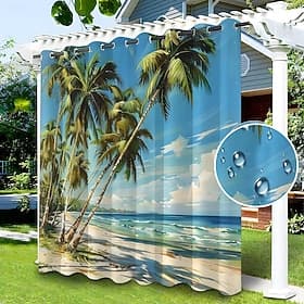 Waterproof Outdoor Curtain Privacy, Sliding Patio Curtain Drapes, Pergola Curtains Grommet Beach Palm Trees Landscape For Gazebo, Balcony, Porch, Party, 1 Pane