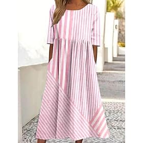 Women's Midi Dress Sundress Summer Dress Vacation Casual Beach Daily Holiday Tea Party Loose Fit Graphic Striped Half Sleeve Crew Neck Blue Pink Purple Summer