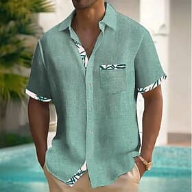 Herren Blatt Tropische Pflanzen Leinenhemd Sommer Hawaiihemd Knopfhemd Kurzarm Hawaiianisch Resort Urlaub Ferien Strandbekleidung Sommer Frühling Umlegekragen