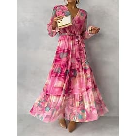 Women's Long Dress Maxi Dress Chiffon Dress A Line Dress Elegant Formal Daily Party Wedding Guest Regular Fit Floral Long Sleeve V Neck Purple Fuchsia Orange S