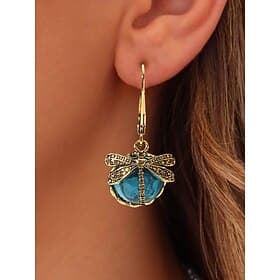 Intage Dragonfly Dangle Earrings for Women – Gold Plated Boho Drop Earrings with Blue Glass Beads, Nature-Inspired Jewelry for Casual, Party and Gift Occasions