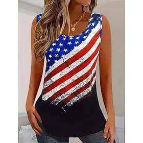 Women's Tank Top Print Flag Western Ethnic Sleeveless Crew Neck Regular Tops Daily Holiday Red Navy Blue Summer