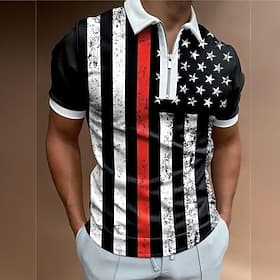 4th of July 2026 250th Independence Day Men's Men American US Flag Zip Polo Short Sleeve Turndown Casual Daily Outdoor Casual Daily Zipper Summer Black