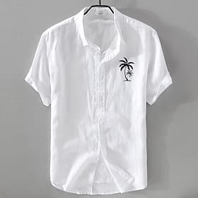 Men's Linen Shirt Minimalist Aloha Shirt Casual Shirt Cotton Linen Shirt Button Up Shirt Coconut Tree Vacation Street Black White Pink Dark Navy Short Sleeve L