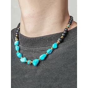 Handmade Natural Stone Beaded Necklace for Men – Vintage Boho Style Turquoise  Black Agate Choker, Tribal Jewelry for Beach, Travel  Casual Wear
