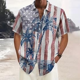 Men's Coconut Tree American US Flag Tropical Plants Casual Shirt Summer Hawaiian Shirt Button Up Shirt Short Sleeve Hawaiian Resort Vacation Beach Wear Summer