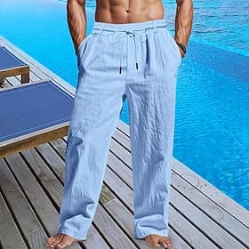 Men's Linen Pants Trousers Summer Pants Beach Pants Drawstring Pocket Elastic Waist Plain Comfort Breathable Daily Beach Vacation Hawaiian Boho White Khaki