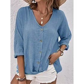 Women's Shirt Linen-feel Shirts Button Up Blouse Buttons Plain Basic Modern Long Sleeve V Neck Regular Tops Daily Holiday Blue Pink Purple Green Summer