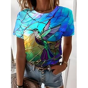Women's T shirt Round Neck Stained Glass Hummingbird Print Short Sleeve Fitted Top Artistic Vibrant Casual Summer Wear Comfortable Fashion Clothing Apparel