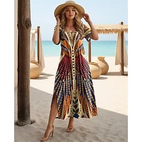 Women's Maxi Dress Black Dress Long Sleeve Boho Dress Elegant Bohemia Vacation Butterfly Sleeve Vacation Beach Regular Fit Floral Graphic Short Sleeve Crew Nec