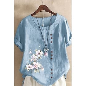 Women's Blouse 100% Cotton Buttons Print Flower Basic Modern Short Sleeve Crew Neck Regular Tops Daily Holiday Going out White Yellow Light Green Pink Army Gre