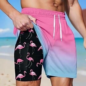 Men's Flamingo Bird Lined Shorts 2 in 1 Board Shorts Swim Shorts Mid Waist Hawaiian Vacation Holiday Beach Wear Side Pockets With Compression Liner Elastic Dra