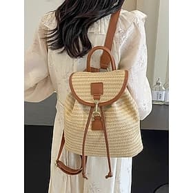 Damen Strohrucksack Boho gewebte Rattantasche für Strandurlaub Sommerreisen und tägliche Resort-Bekleidung
