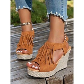 Women's Fringe Wedge Sandals – Boho Peep Toe Platform Heels for Summer Beach Vacations, Casual Chic Outfits, and Festival Wear
