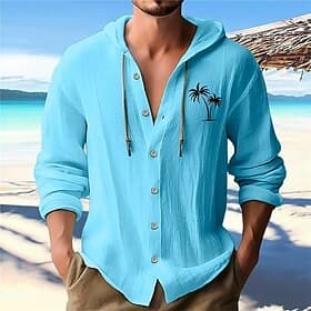Men's White Cotton Shirt Minimalist Aloha Shirt Casual Shirt Button Up Shirt Cotton Shirt Coconut Tree Vacation Street Black White Blue Khaki Long Sleeve Hoode