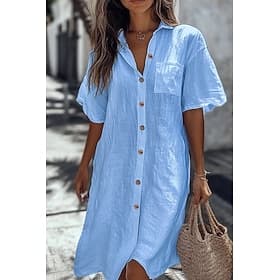 Damen Hemd Baumwoll Mischung Knopfleiste Bluse Tasche Knöpfe Einfach Basic Modern Lässig Kurzarm Hemdkragen Lange Oberteile Täglich Ferien Ausgehen Weiß Gelb L