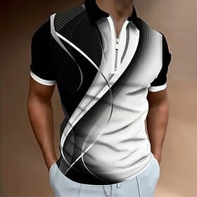 Men's Geometic Line Zip Polo Short Sleeve Turndown Casual Daily Outdoor Dailywear Athleisure Zipper Summer White Blue Green