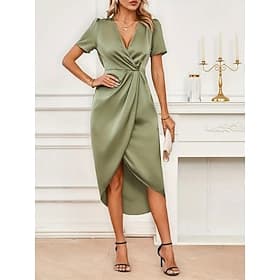 Women's Midi Dress Satin Dress Party Dress Cocktail Dress Elegant Fashion Romantic Party Wedding Wedding Guest Regular Fit Plain Short Sleeve V Neck Black Cham