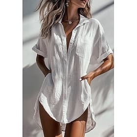 Women's Shirt Cotton Blend Button Up Blouse Pocket Buttons Asymmetric Plain Basic Modern Short Sleeve Shirt Collar Long Tops Holiday Going out Black White Apri