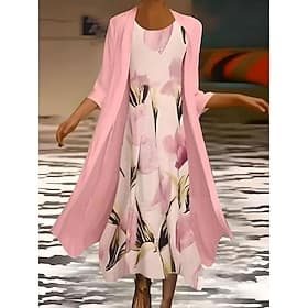 Women's Maxi Dress Summer Dress Vacation Casual Cocktail Wedding Guest Birthday Daily Regular Fit Ombre Floral 3/4 Length Sleeve Crew Neck Pink Summer Spring