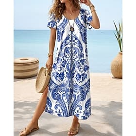 Women's Midi Dress Sundress A Line Dress Vacation Casual Boho Butterfly Sleeve Beach Vacation Regular Fit Floral Graphic Short Sleeve Crewneck Blue White blue