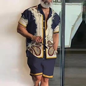 Men's Printed 2pcs Shirts Sets Summer Tops Short Sleeve Short Pants Cuban Collar Vacation Party Casual Daily 3D Print Summer Dark Blue