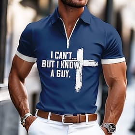Men's Short Sleeve Graphic Polo Shirt, Christian Faith I Can't But I Know A Guy Cross Religious Top
