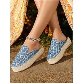 Women's Blue Lace Espadrille Mules – Floral Cutout Slip-On Platform Shoes for Summer, Casual Outings, and Beachwear