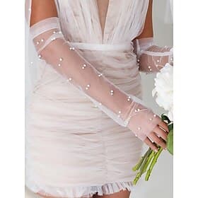 Elegant Sheer Pearl Bridal Gloves – Long Tulle Wedding Gloves for Women, Vintage Mesh Fingerless Sleeves, Formal Party  Special Occasion Accessory