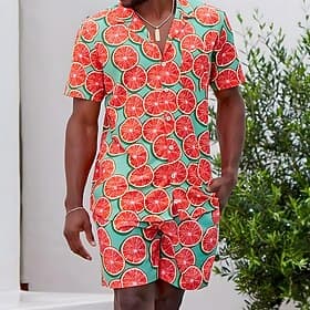 Men's Fruit 2pcs Shirts Sets Shirt Short Sleeve Short Pants Cuban Collar Vacation Casual Party Casual Daily 3D Print Summer Orange