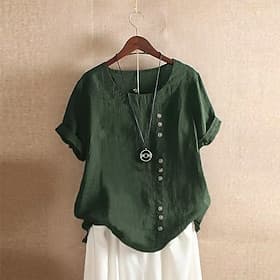 Women's Shirt Cotton Blend Blouse Buttons Plain Basic Modern Short Sleeve Crew Neck Regular Tops Daily Holiday Blue White Pink Orange Green Summer thumbnail 2