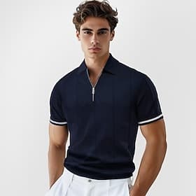 Herren Polo Strick-Polopullover Formell Arbeit Umlegekragen Viertelreißverschluss Kurzarm Einfarbig Reißverschluss Frühling Dunkelgrau Schwarz Weiß Marineblau