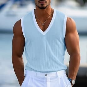 Men's Tank Top Vest Sleeveless Shirt Muscle Shirt Sleeveless V Neck Summer Plain Fashion Classic Comfortable Casual Beach Street Blue White Top Tee for Men