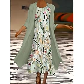 Women's Dress Set Maxi Dress Summer Dress Vacation Casual Ombre Floral Print 3/4 Length Sleeve Crew Neck Wedding Guest Birthday Green Gray Summer Spring Regula