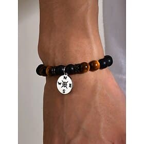 Men's Tiger Eye and Black Matte Beaded Bracelet with Compass Charm – Natural Stone Stretch Bracelet for Travel, Adventure, Birthday or Graduation Gift