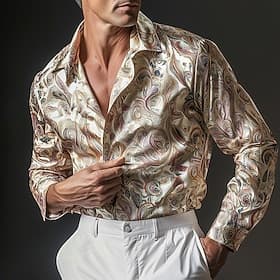 Men's Shirt Satin Shirt Striped Shirt Casual Shirt Button Up Shirt Paisley Daily Business Beige Long Sleeve Collar Spring   Fall All Seasons Clothing Apparel