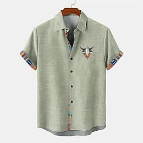 Men's Ethnic Linen Shirt Summer Hawaiian Shirt Button Up Shirt Short Sleeve Hawaiian Resort Vacation Holiday Beach Wear Summer Spring Turndown 3D Print Collare