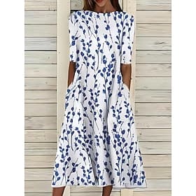 Damen Midikleid T-Shirt-Kleid A Linie Kleid Sommerkleid Urlaub Lässig Strand Date Sommerkleid Normale Passform Blumen Grafik Kurzarm Rundhalsausschnitt Blau We