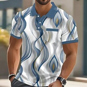 Men's Abstract Geometic Polo Short Sleeve Polo Shirts Collared Shirts Business Casual Outdoor Athleisure Daily Wear Pocket 3D Print Buttons Summer Blue Purple